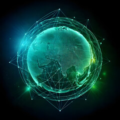 Obraz premium Abstract representation of global network and connectivity, featuring light trails and nodes on a dark gradient background with green-toned accents. High tech, global, futuristic look, great for busin