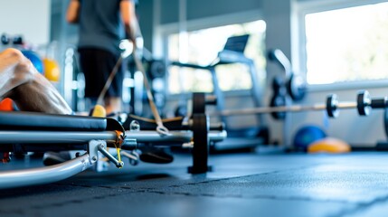 Fototapeta premium A patient receiving physical therapy in a gym-like rehabilitation center with exercise equipment in the background, macro shot, Energetic style