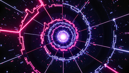 Obraz premium A captivating spiral formation filled with bright purple and red lines creates a sense of depth and movement, embodying a futuristic tech-inspired aesthetic in darkness