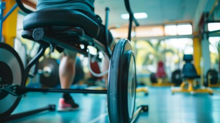 Obraz premium A patient receiving physical therapy in a gym-like rehabilitation center with exercise equipment in the background, macro shot, Energetic style