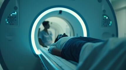 A patient undergoing a CT scan with the scanning machine and operator in the background, macro shot, Technological style