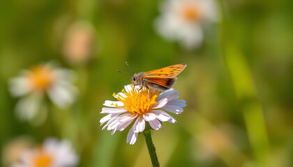 A Skipper Butterfly resting on a Ragwort flower in early Summer. UK isolated with white highlights, png