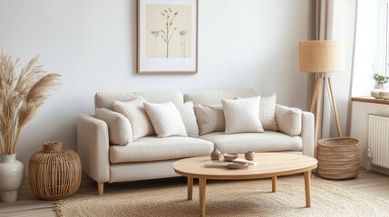 Cozy Modern Living Room with Neutral Tones and Natural Decor