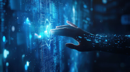 Futuristic technology concept, human hand interacting with holographic interface, digital data, abstract glowing patterns, innovation, tech blue tones