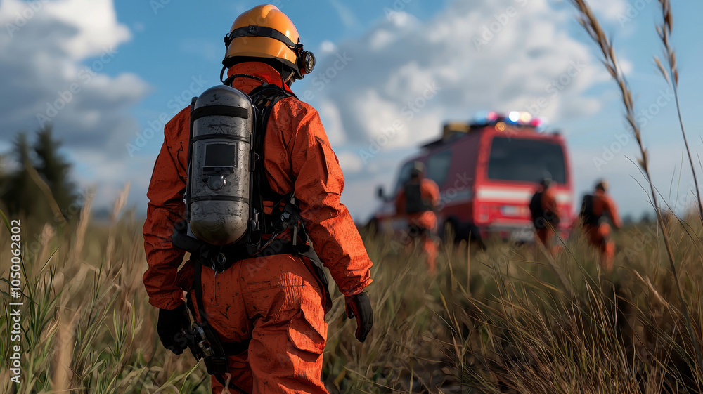 Wall mural firefighter in protective gear walking towards rescue operation in the field.