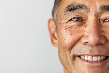 Fototapeta premium A close-up portrait of an older man captures a warm, genuine smile. The character lines on his face tell stories of wisdom and a life well-lived in vibrant detail.