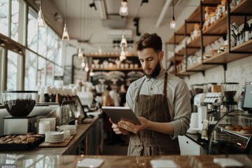 Fototapeta premium A focused barista wearing an apron looks at a tablet in a cozy, modern cafe with shelves of cups and coffee equipment behind him, under warm lighting.