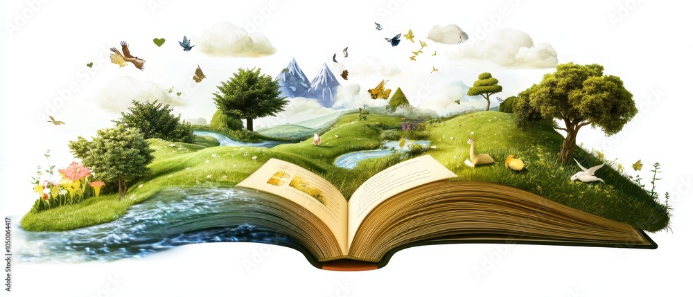 Wall mural an open book with a lush landscape flowing from its pages, featuring greenery, water, and whimsical 