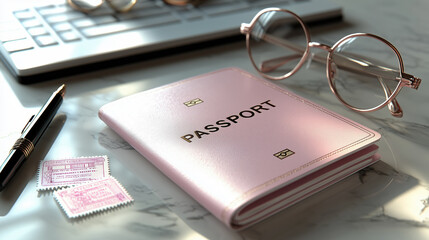 stylish rose gold passport rests on marble surface, surrounded by travel essentials