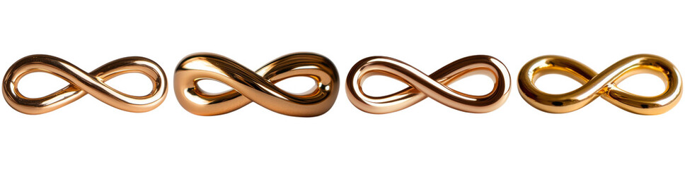 Naklejka premium Four interconnected gold infinity symbols displayed together, highlighting their smooth curves and shiny finish, ideal for adding a sophisticated touch in various projects isolated PNG isolated PNG