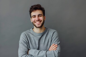 A casually dressed young man in a grey sweater is smiling confidently with his arms crossed against a simple backdrop, radiating friendliness and ease.