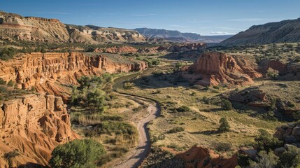 Winding canyon road through vibrant red rock desert under clear blue sky for travel adventures
