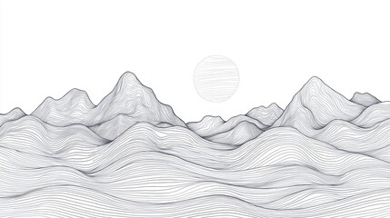 Abstract Line Art Mountain Landscape with Sun