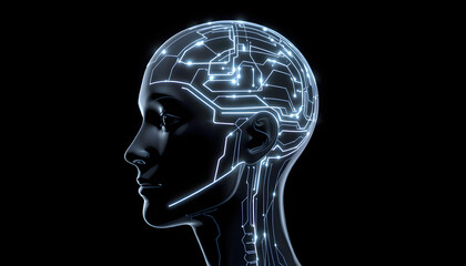 Obraz premium Futuristic human head, black with bright lines. Concept of artificial intelligence. 3D render / rendering isolated with white highlights, png