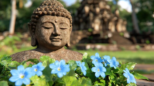 Buddha Statue in Temple Garden with Blue Flowers  Serenity  Peace  Meditation  Asia  Thail
