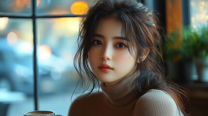 美女, 女性, 美しい, 顔, モデル, 日本, 韓国, 中国, アジア, カフェ, ファッション
