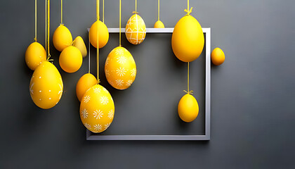 bright yellow eggs hang gray square frame prominent easter sale banner design