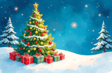 Fototapeta premium A decorated Christmas tree with gifts in a winter night forest. Place for the text. Illustration