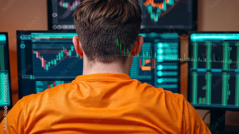 Poster man analyzing stock market data: a man sits intently at his desk, surrounded by multiple monitors di