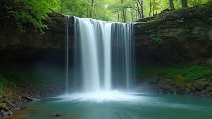 Obraz premium Tranquil waterfall flowing into serene pool amidst lush greenery