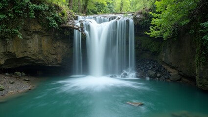 Fototapeta premium Tranquil waterfall flowing into serene pool amidst lush greenery