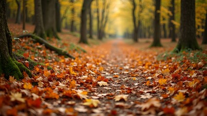 Vibrant autumn leaves covering forest floor symbolizing natures cycle of change