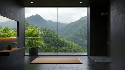 Bathroom with floortoceiling glass, mountain view, and rainfall shower