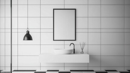 Blackandwhite modern bathroom, checkerboard tiles, minimalist vanity setup