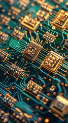 Obraz premium Quantum Computing Chips and Circuitry. Computer Circuit Board. Motherboard Close-Up.