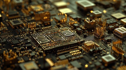 Obraz premium Quantum Computing Chips and Circuitry. Computer Circuit Board. Motherboard Close-Up.