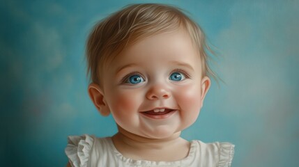 Naklejka premium A baby with a wide-eyed grin stands out against a soft pastel blue backdrop, capturing pure delight