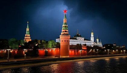 Fototapeta premium dark stormy night moscow kremlin shines single red ruby star