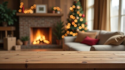 A wooden table is placed in front of a cozy living room with a fireplace, a Christmas tree and a sofa with warm-toned pillows. Space for products or text. Festive Christmas background