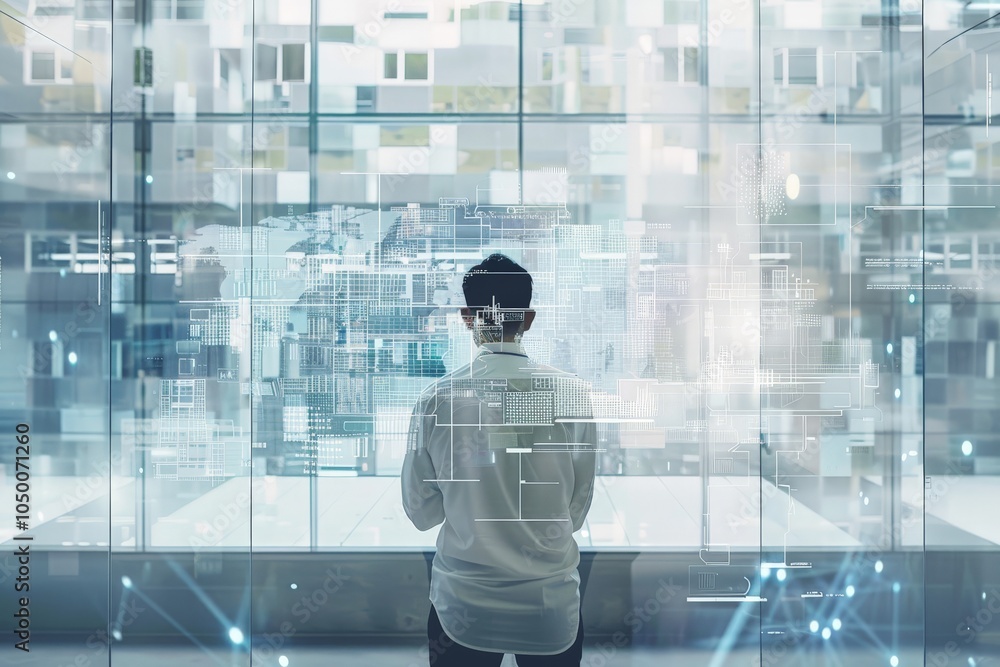 Poster a man stands before a glass screen displaying holographic data projections, representing future tech