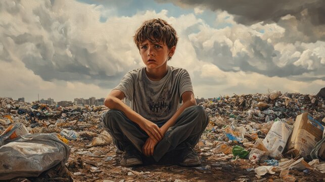 A concerned-looking boy sits on the ground in a landfill, highlighting issues of poverty and waste