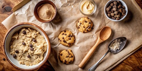 Fototapeta premium A Bowl of Cookie Dough with Chocolate Chips, Surrounded by Ingredients and Tools for Baking Cookies