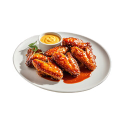Fried chicken wings with sauce on white plate isolated on transparent background