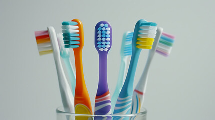 toothbrush variety, high-resolution image of four toothbrushes of different colors and shapes stacked in a glass against a white background with soft lighting, showcasing intricate details in their