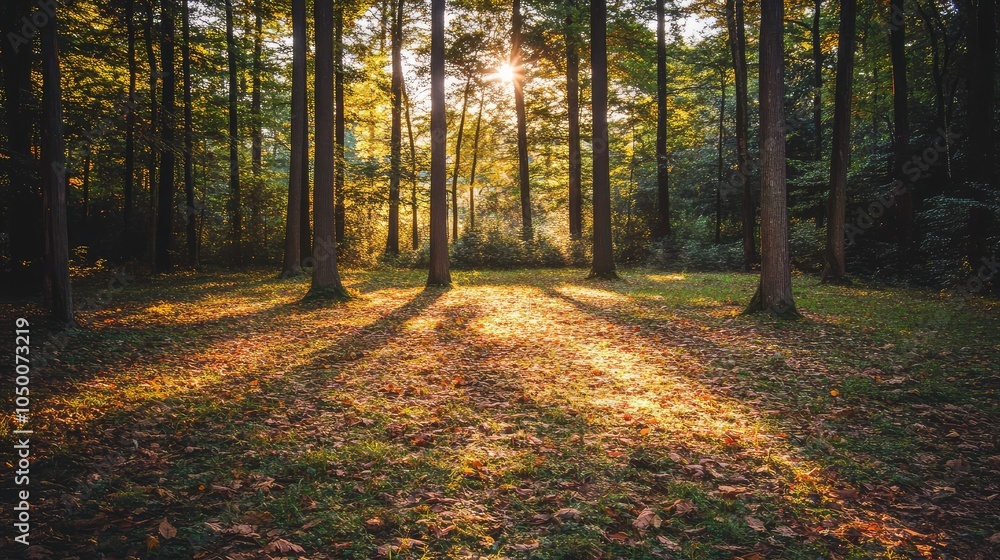 Poster a peaceful forest clearing with soft sunlight filtering through the trees, casting dappled shadows o