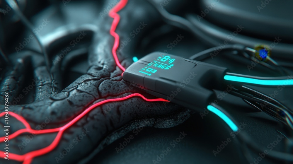 Poster futuristic technology interface with glowing wires and digital display