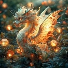 Chinese dragon lantern, glowing porcelain-inspired festival decoration