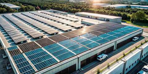 Aerial view of a large-scale data center powered by sustainable energy with solar panels on the roof, wallpaper, surrounded by greenery, background