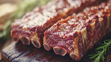 Obraz premium Close-up of two juicy, glazed short ribs on a rustic wooden surface.