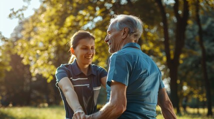 Fototapeta premium A physical therapist assisting a patient with mobility exercises outdoors in a park setting against a natural green background, macro shot, Realistic style