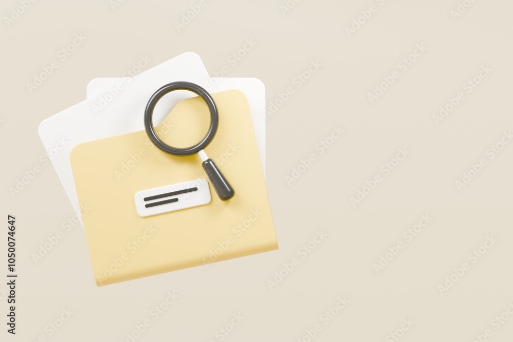 Poster 3d file folder with magnifying glass icon. minimal magnifying glass and folder with files icon isola
