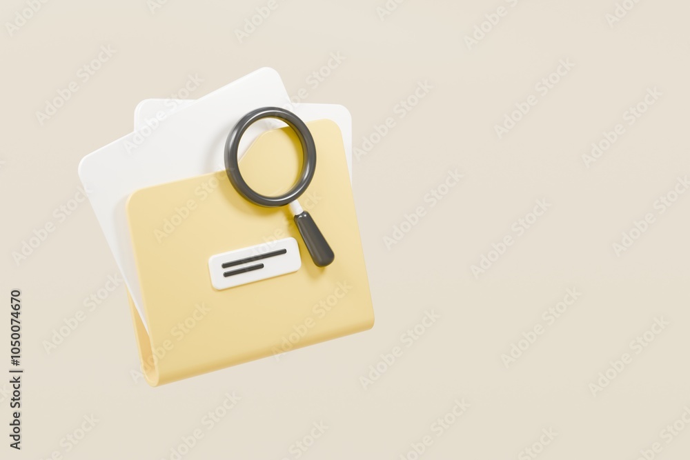 Poster 3d file folder with magnifying glass icon. minimal magnifying glass and folder with files icon isola