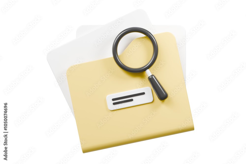 Poster 3d file folder with magnifying glass icon. minimal magnifying glass and folder with files icon isola