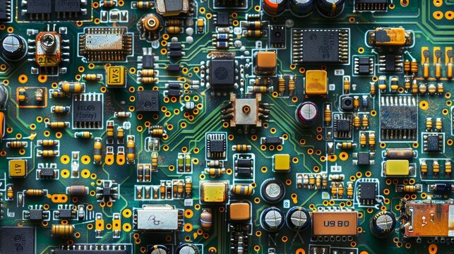 Intricate close up of pcb showcasing circuit pathways and solder points in modern electronics