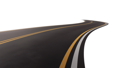 Curved paved blacktop road, with yellow pavement markings
