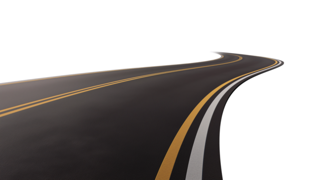 Curved paved blacktop road, with yellow pavement markings